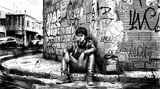 Visual: um desenho de um adolescente com cara amarrada está sentado no meio-fio em frente a um muro. O muro tem grafite e alguns tijolos aparentes. É um dia nublado. O jovem parece solitário, mas não abandonado. Ele usa roupas boas, e na mochila dá para ver o endereço da família e um número de telefone. No português do Brasil existe a expressão 'aborrecente', que tenta explicar essa insatisfação constante típica da adolescência.